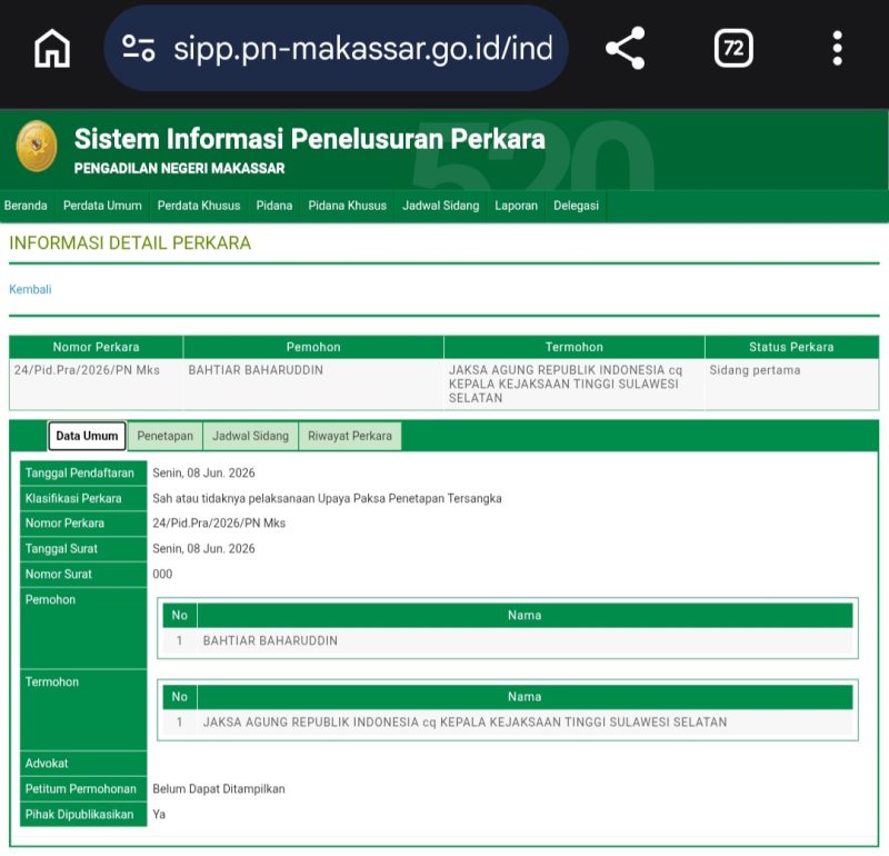 Tangkapan layar SIPP Pengadilan Negeri Makassar terkait informasi gugatan praperadilan mantan Pj Gubernur Sulsel, Bahtiar Baharuddin. 